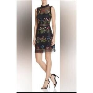 NWT Aqua Floral Embroidered Mesh Sleeveless Dress Black Flower XS